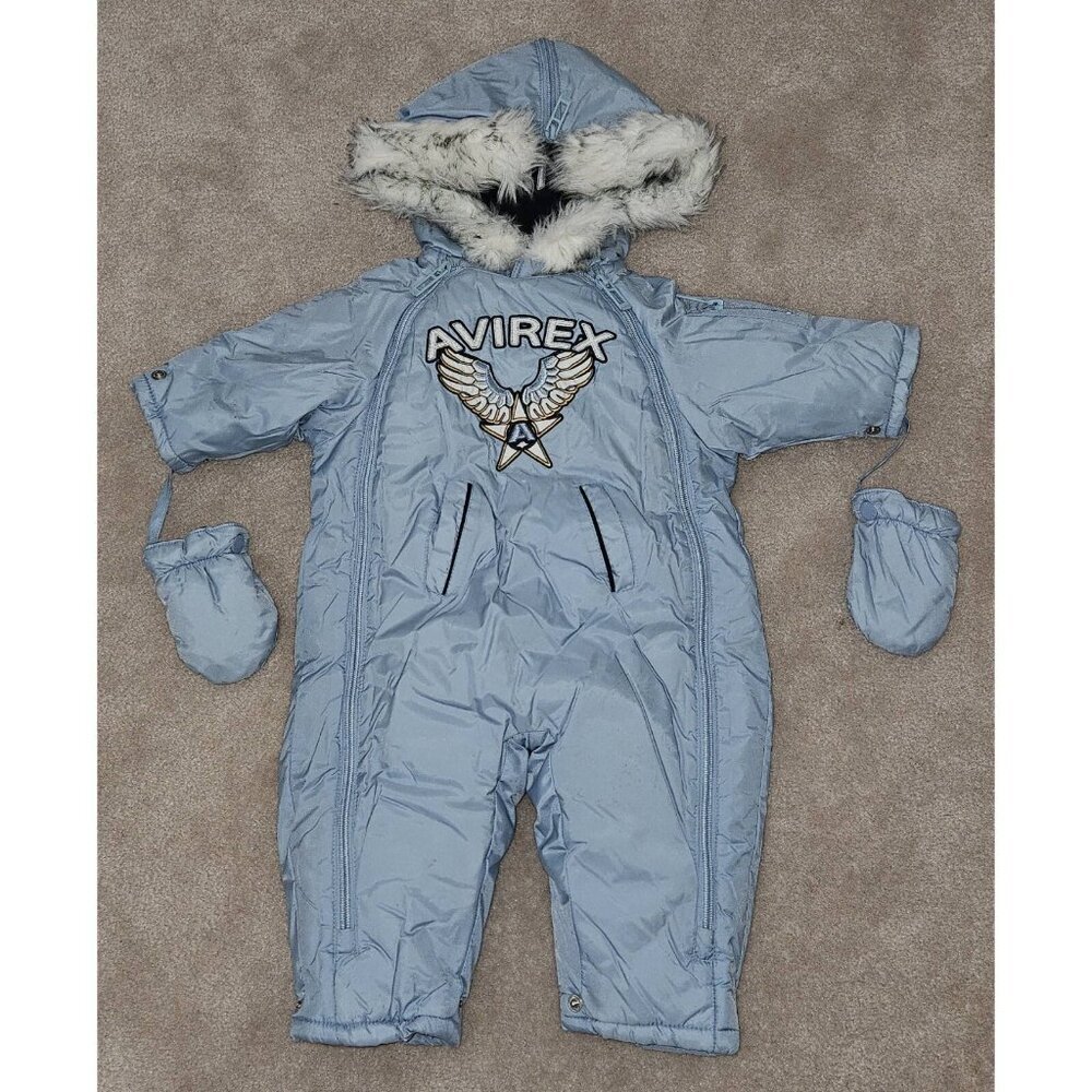 Avirex Blue Snowsuit Hooded Fleece Lined Attached Mittens Baby 3-6 Months